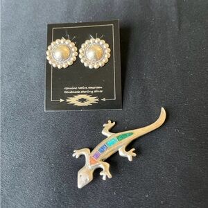 vintage Carolyn Pollack lizard brooch + Native American sterling silver earrings